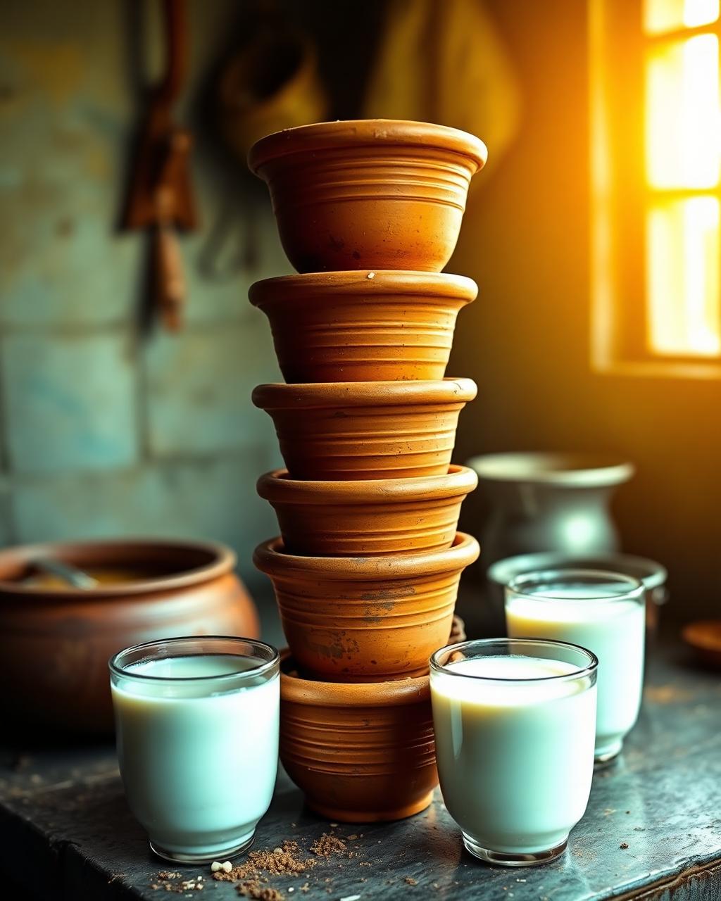 Stacked clay kulhads with buttermilk