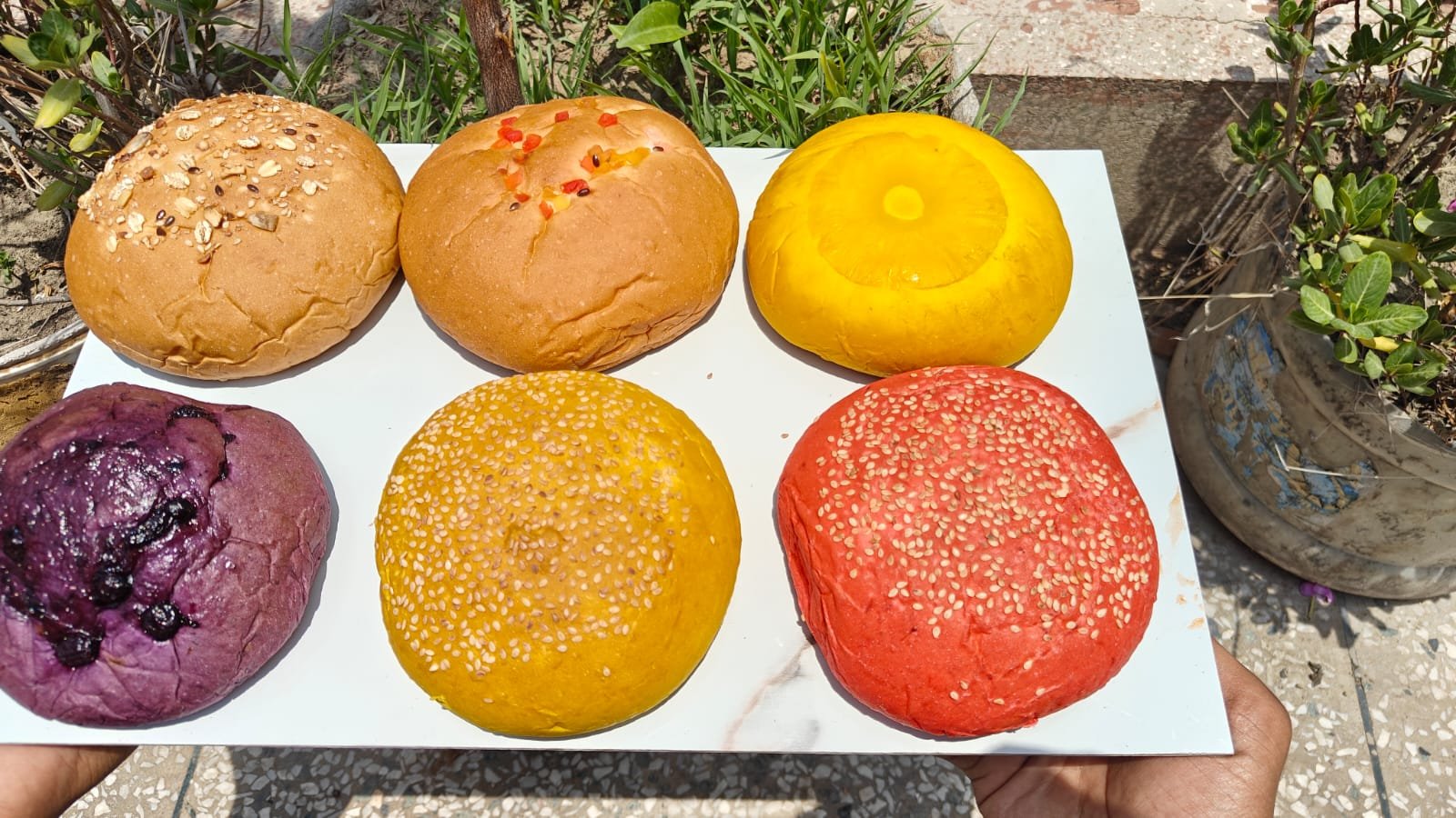 Six artisan buns on a tray