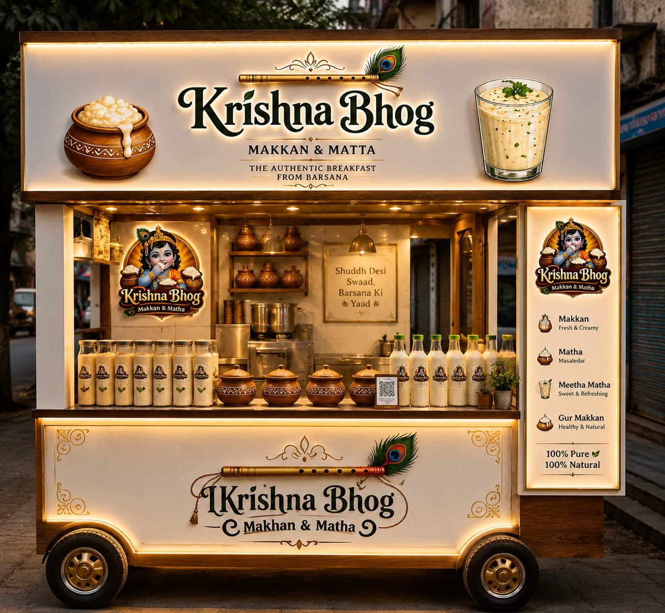 Fresh mattha bottles and matkas on the cart