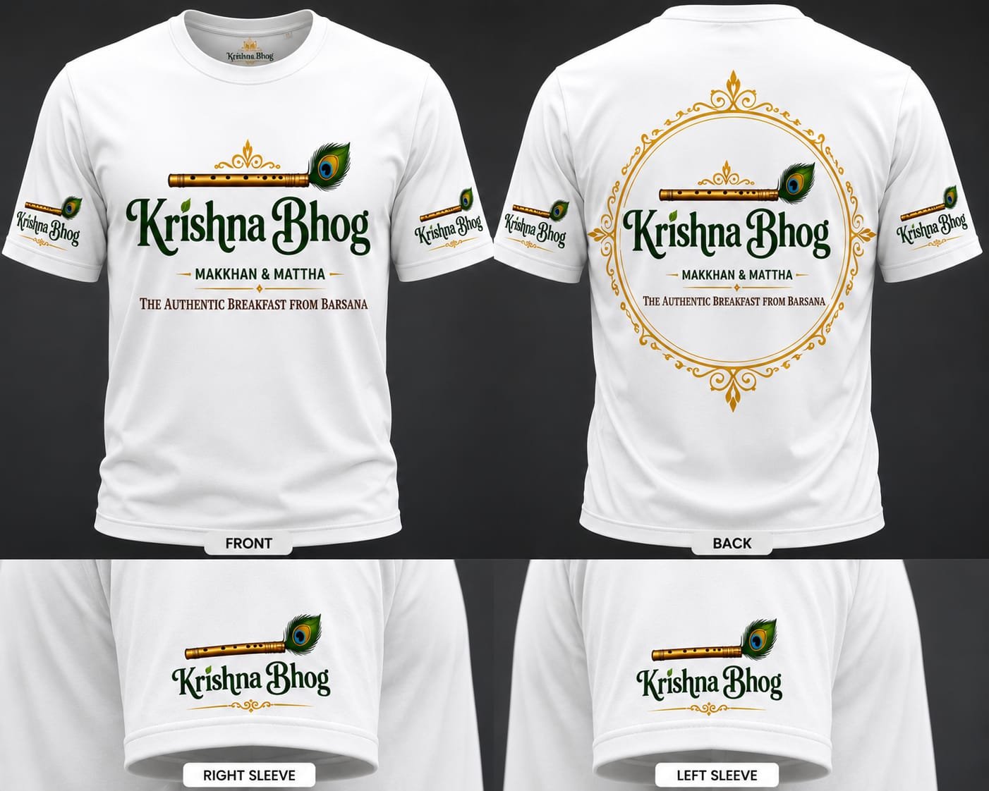 Krishna Bhog branded t-shirt — front, back and sleeves